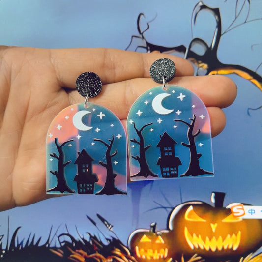 Pendientes de acrílico con diseño de casa de terror, árbol, luna y estrella, estilo dibujo animado, para Halloween