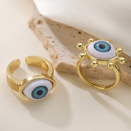 18K Gold Plated Brass Geometric Evil Eye Open Ring for Women