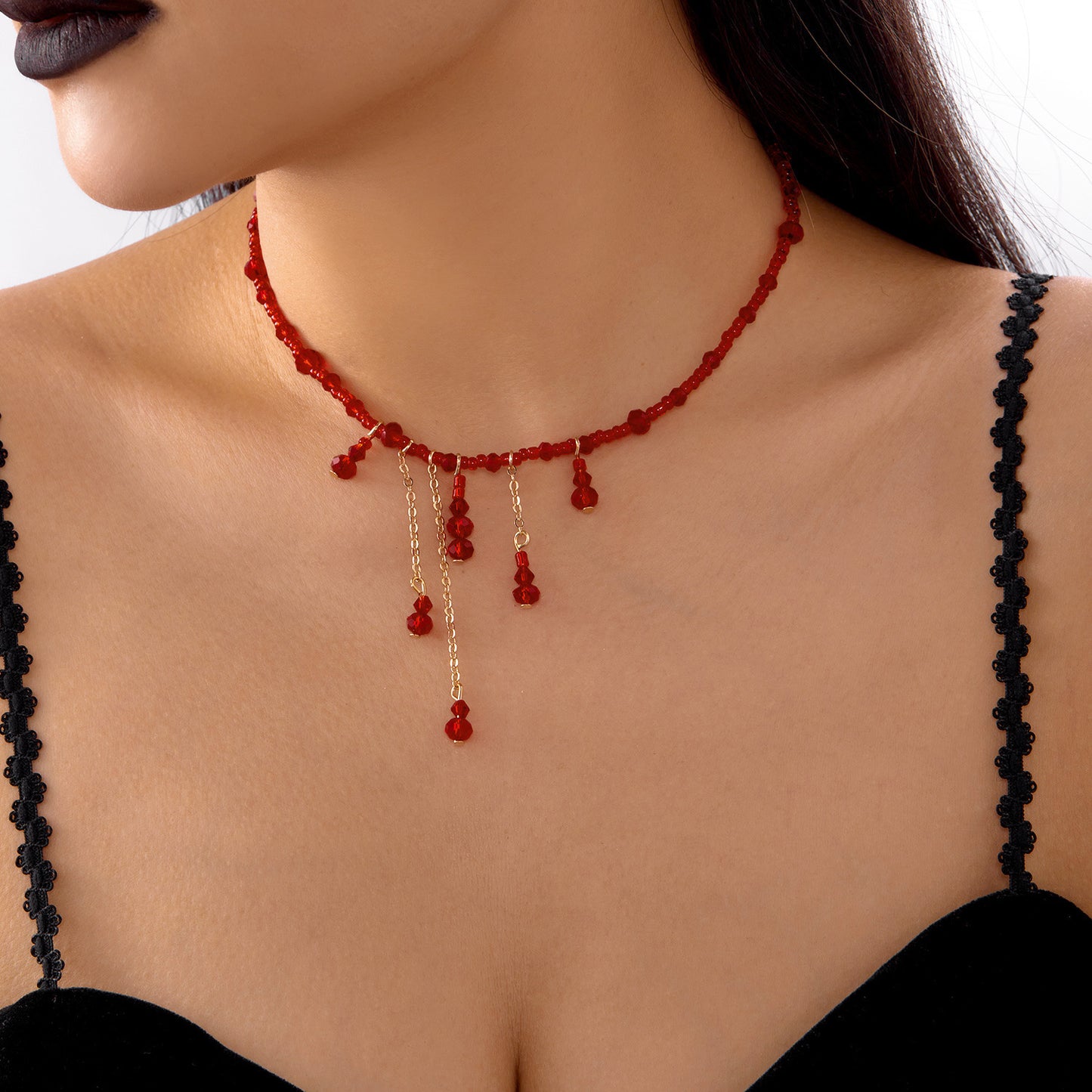 Collar con colgante de cristal geométrico vintage en forma de gota de sangre para mujer con cadena O y motivo de calabaza y calavera de Halloween