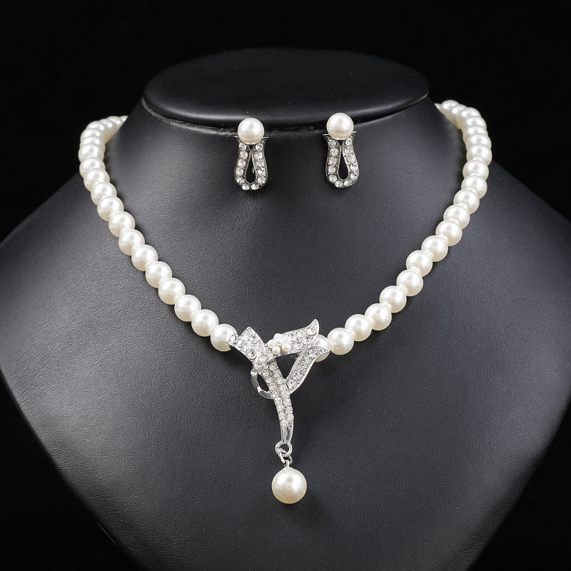 Fashion OL Style Floral Pearl Necklace and Earrings Set for Women Alloy Plated with Wheat and Leaf Motifs