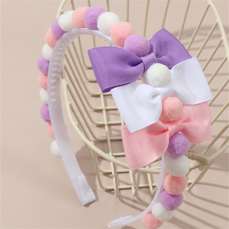 Graziosa Fascia per Capelli Minimalista per Bambini con Fiocco Abbinato e Dettagli Pompon in Viola Rosa e Bianco