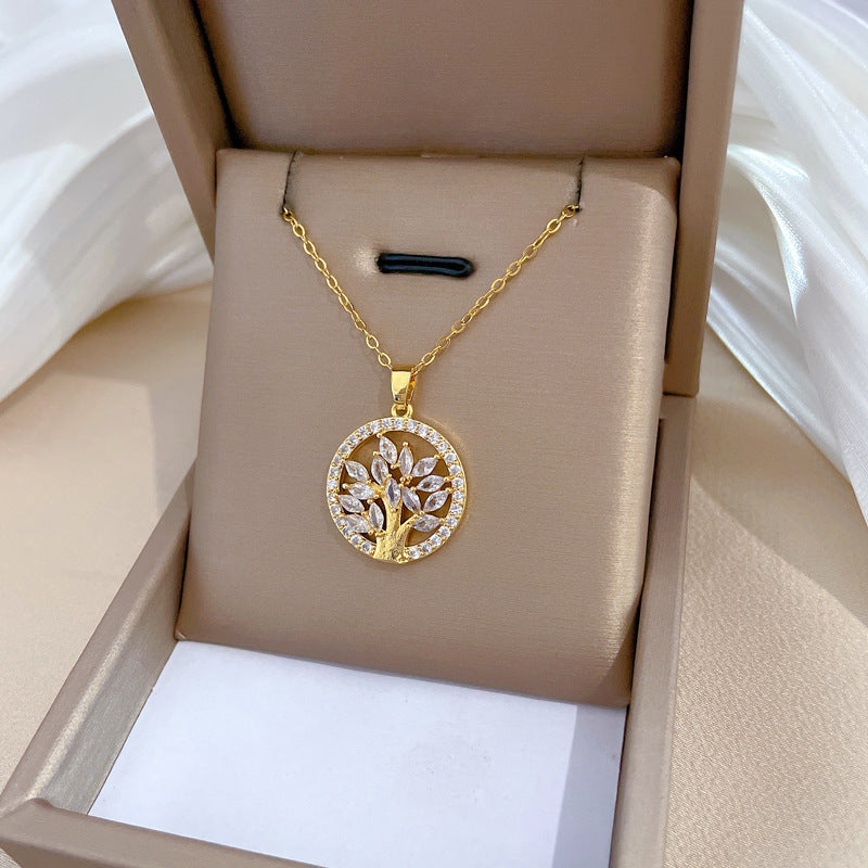Collana con ciondolo Albero della Vita geometrico in acciaio al titanio di lusso da donna con intarsio in strass e catena in acciaio inossidabile