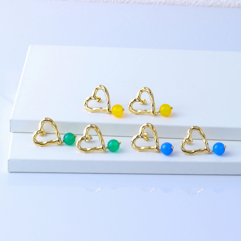 Fashionable Irregular Hollow Heart-Shaped Titanium Steel Earrings with Blue Agate Inlay and 18K Gold Plating for Women