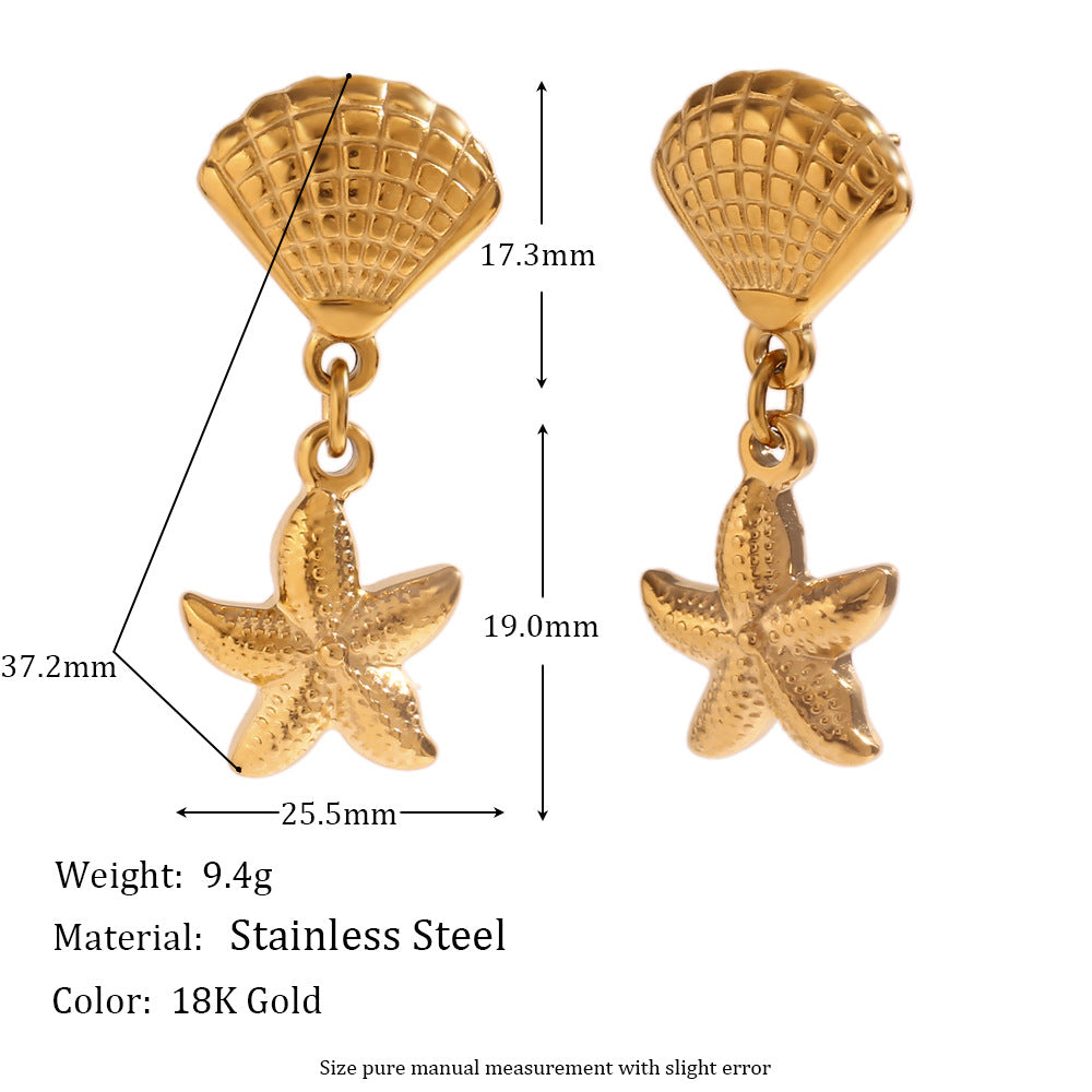 Orecchini a cerchio a spirale con stelle marine e cuore floreale alla moda in acciaio inossidabile placcato oro 18K da donna