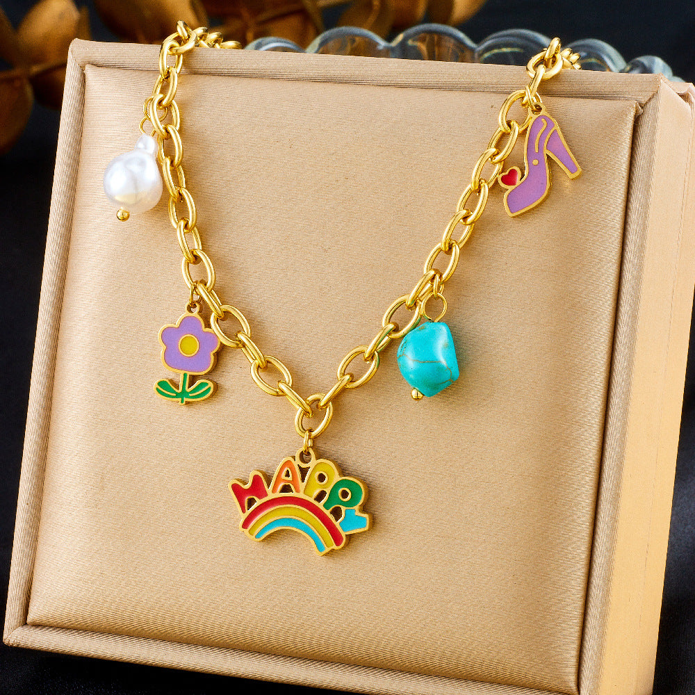 Cartoon Drip Oil Turquoise Floral Stainless Steel Jewelry Set with Cable Chain for Women