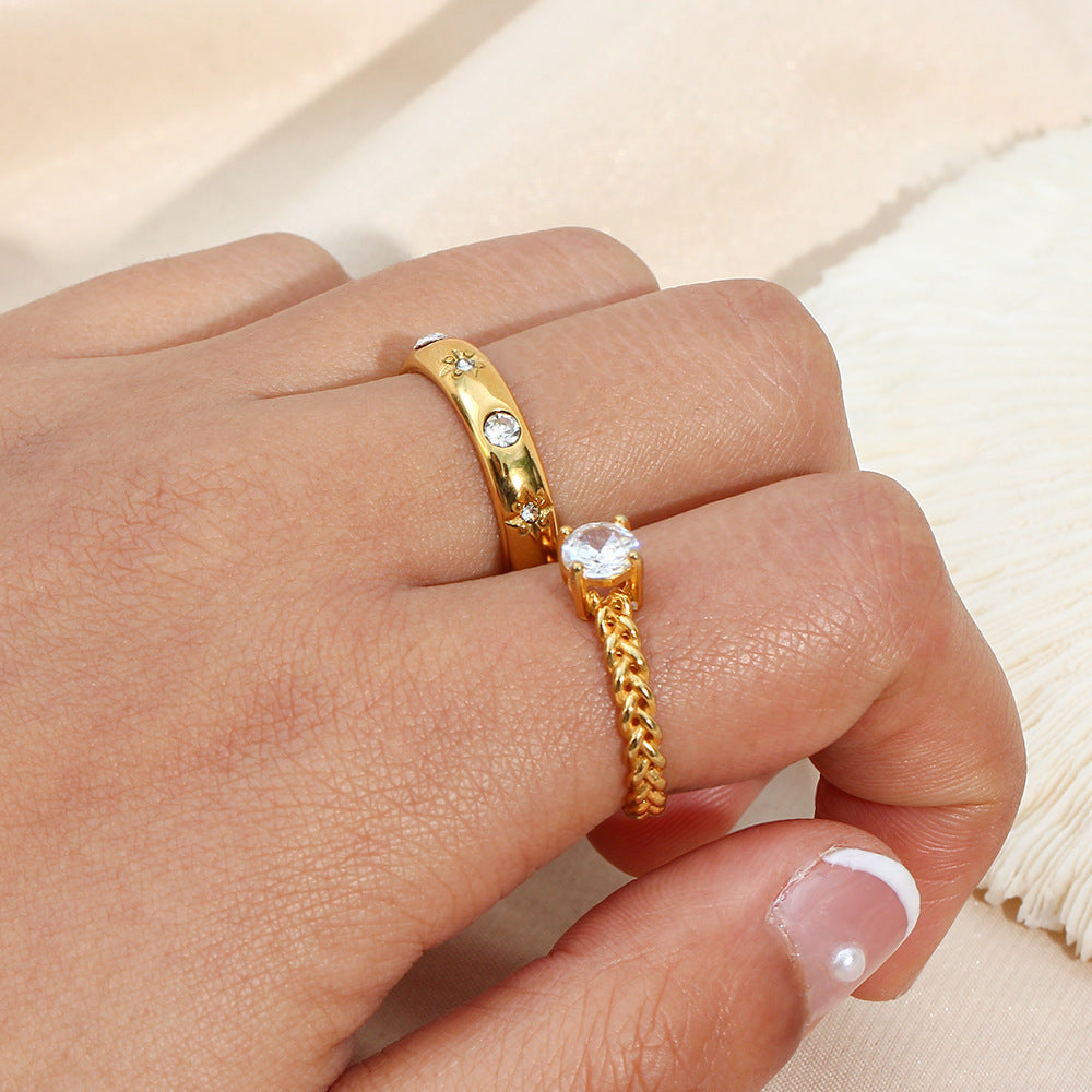 Minimalist Geometric Stainless Steel Ring with 18K Gold Plating and Clear Zirconia Floral Accent for Women