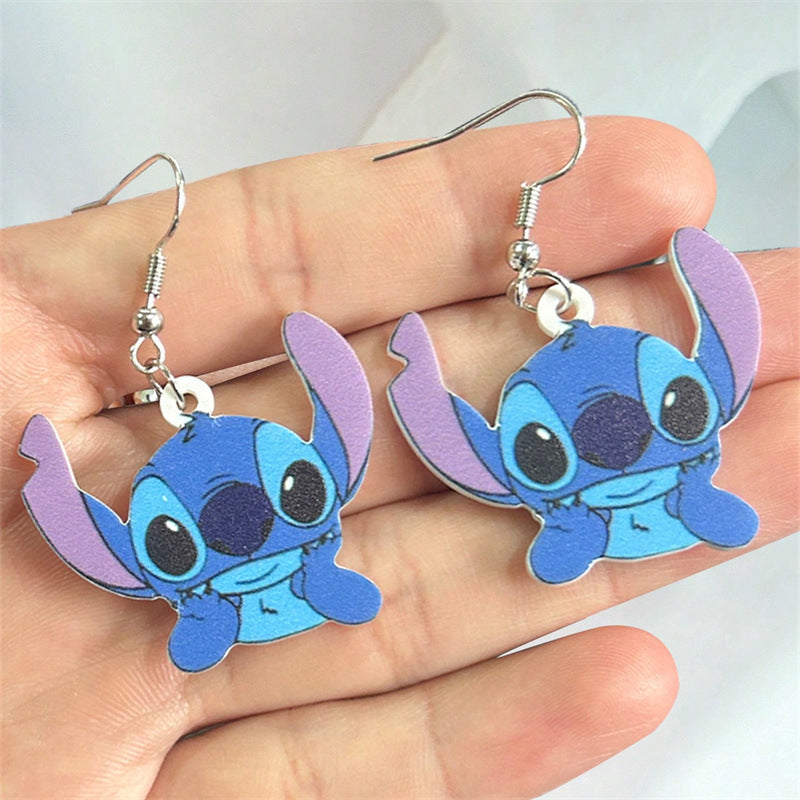 Pendientes de tuerca acrílicos de Stitch de dibujos animados con forma de lazo e incrustaciones de perlas para niños