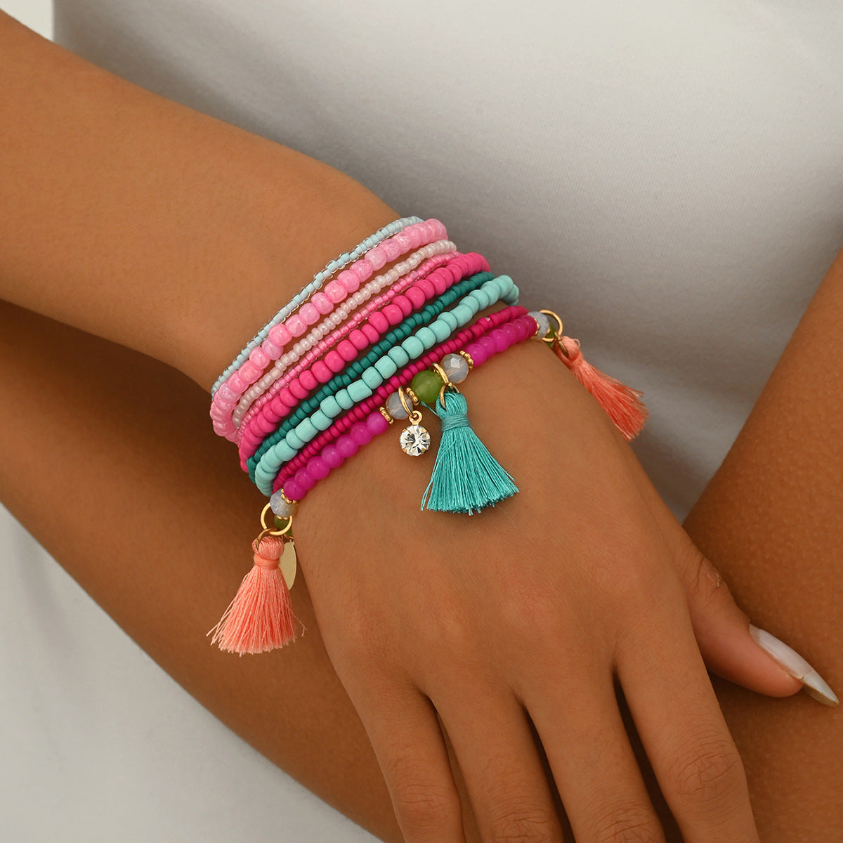 Geometric Fashion OL Women's Braided Millet Bead Bracelet Set Stylish Minimalist Hand Jewelry