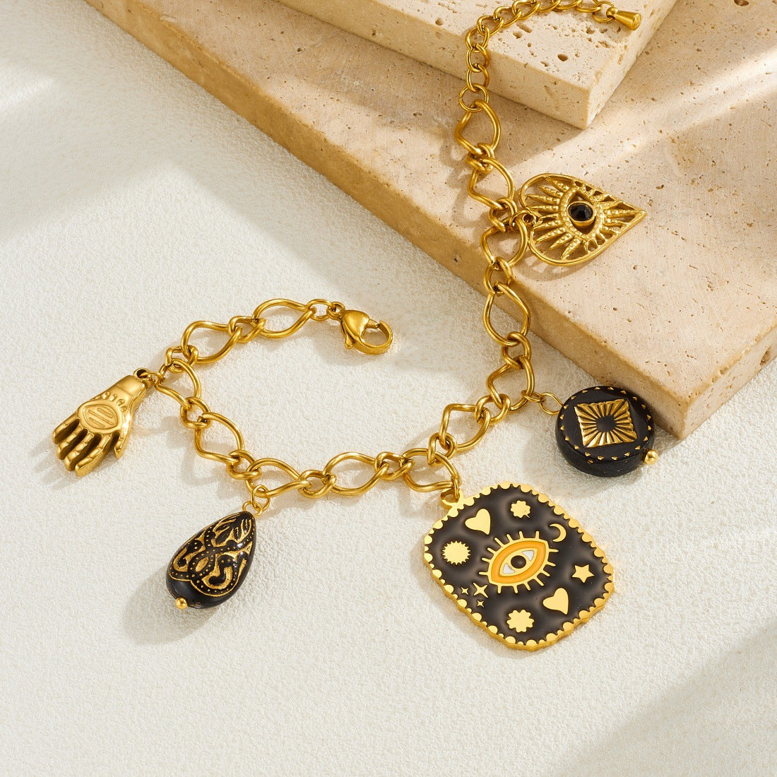 Vintage Gold Plated Heart Geometric Evil Eye Carved Hollow Pendant Bracelet for Women