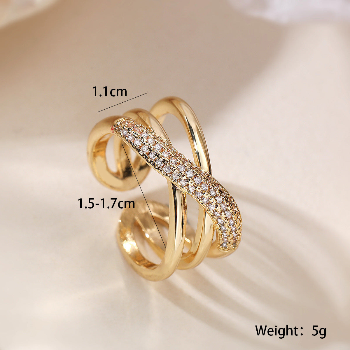 Minimalist Geometric Hollow-Out Open Ring for Women in Brass with 18K Gold Plating and Zircon Inlay