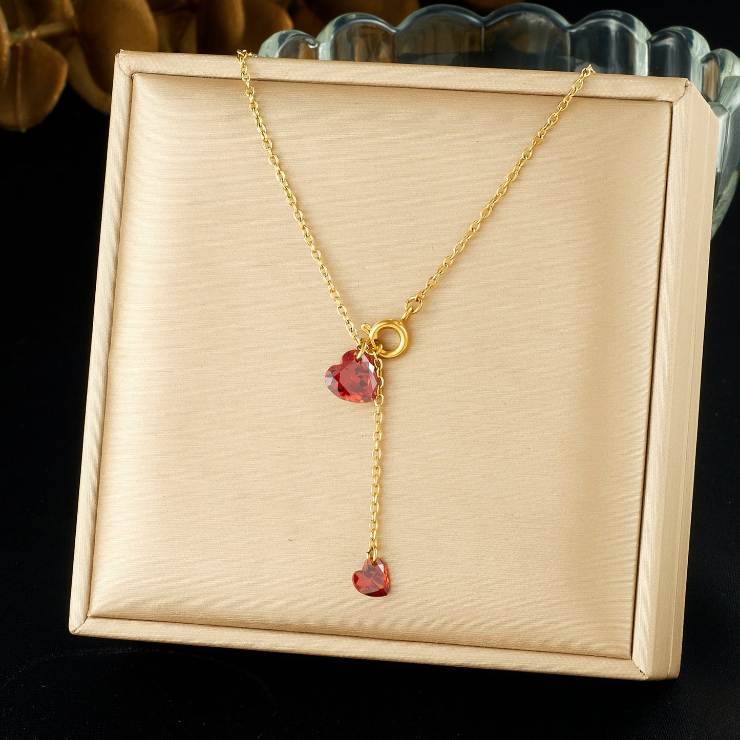 Minimalist Red Rhinestone Heart Stainless Steel Pendant Necklace with Tassel for Women