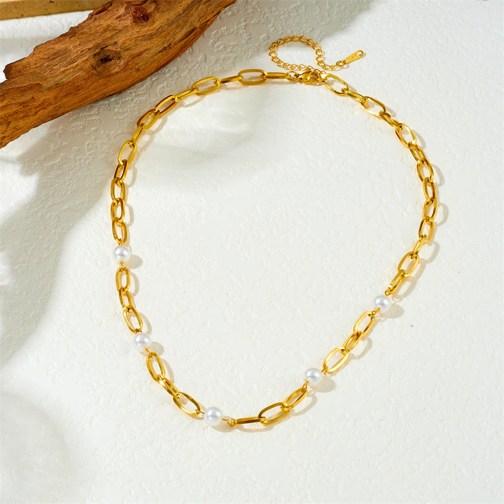 Fashion Gold Plated Stainless Steel Curb Chain Necklace with Pearl Accent for Women