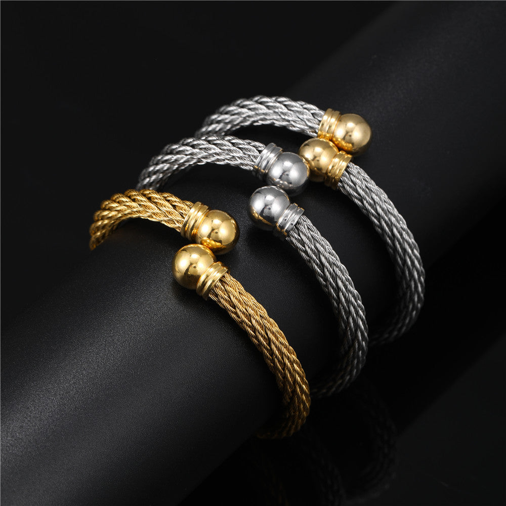 Punk Geometric Round Plated Titanium Steel Wire Rope Open Cuff Bracelet