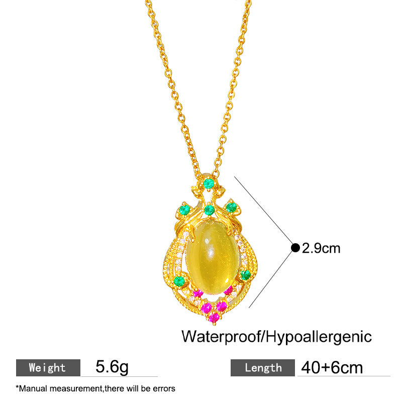 Vintage Sweet Geometric Heart Cubic Zirconia Gemstone Plated Titanium Steel Necklace with Brass Pendant Cable Chain