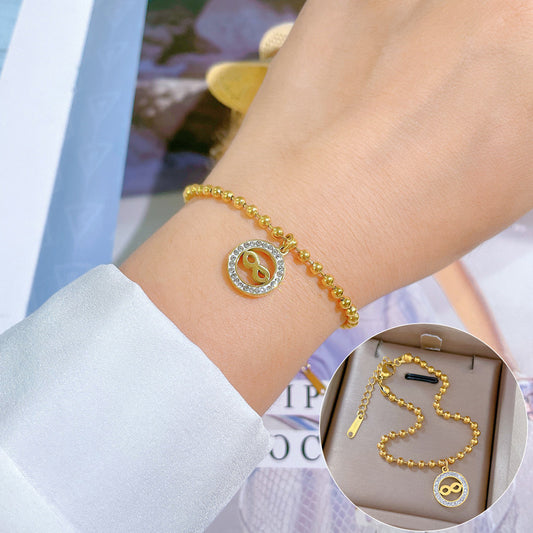 Vintage Style Beaded Circle Bracelet for Women Made of Titanium Steel with Gold Plating and Wavy Texture
