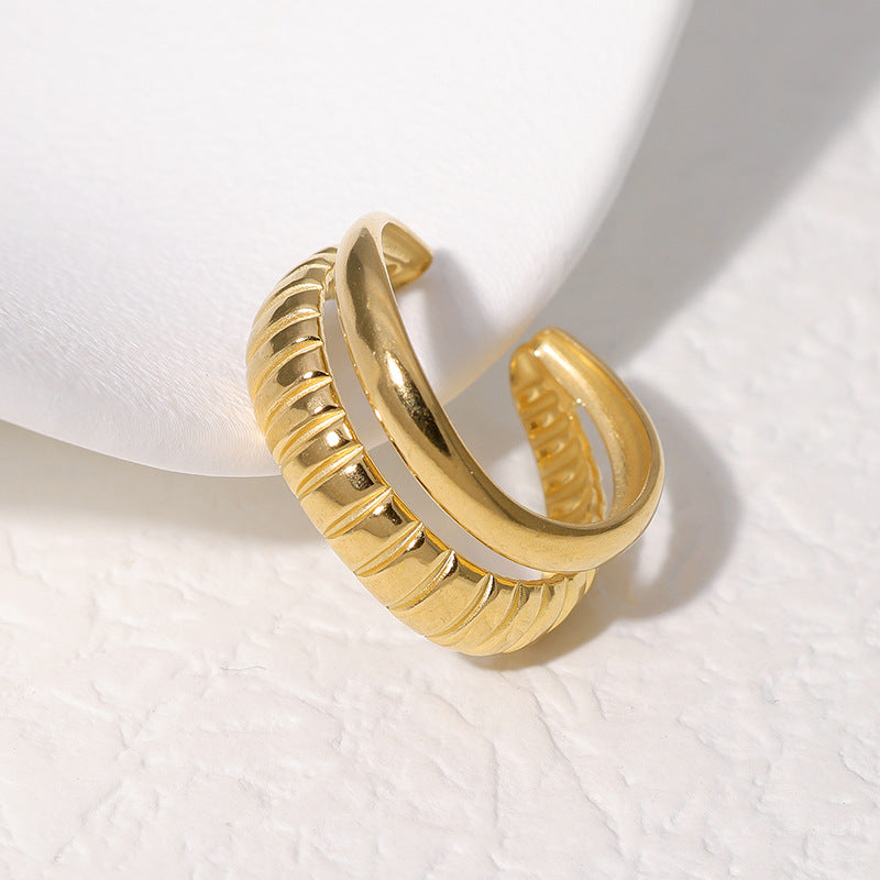 Vintage French Geometric Double Row Open Ring 18K Gold Plated Stainless Steel Fashion Jewelry for Women