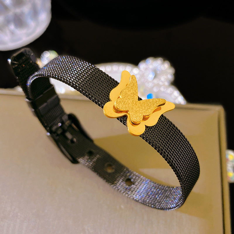 Vintage Matte Butterfly Watch Band Bracelet Titanium Steel Plated Jewelry
