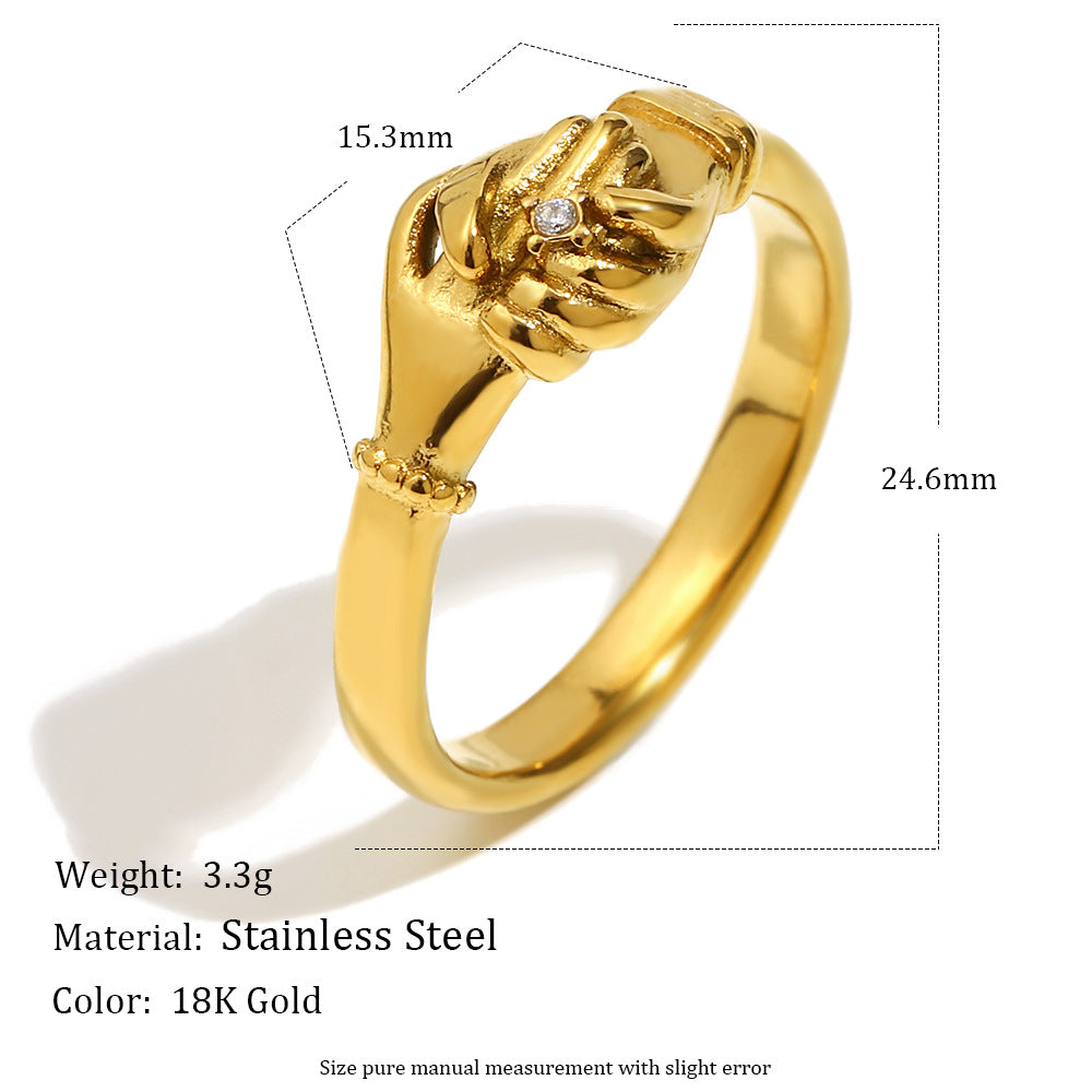 Anello da donna minimalista geometrico placcato in oro 18 carati con strass a forma di stretta di mano