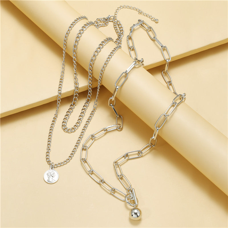 Vintage Geometric Round Alloy Human Head Pendant Multi-layer Snake Chain Necklace for Women