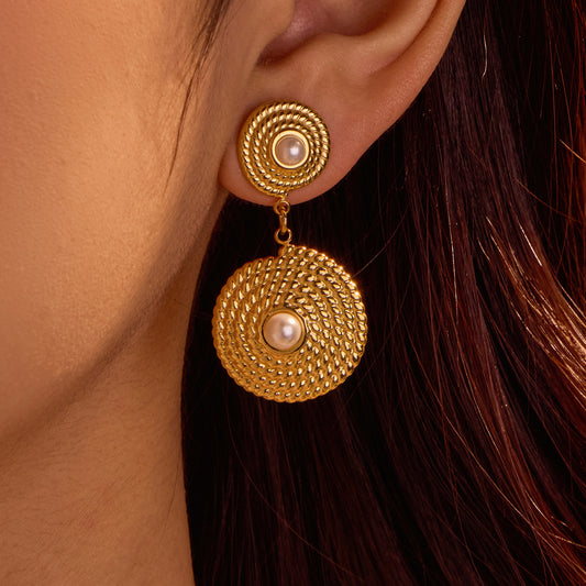 Fashionable French-Inspired Geometric Earrings with Pearl Inlay, 18K Gold-Plated Stainless Steel Studs for Women