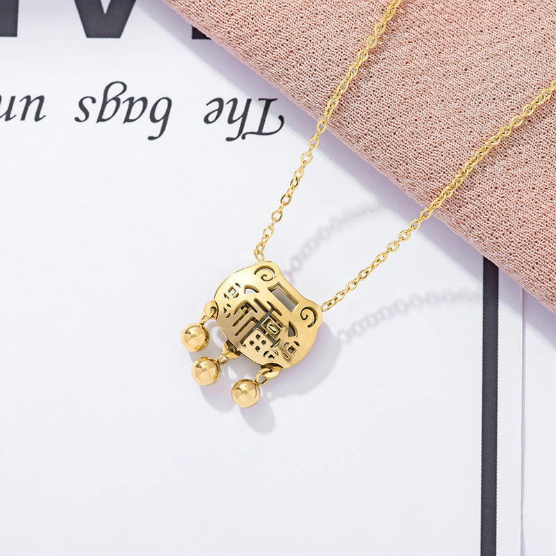 Geometric Longevity Lock Pendant Necklace for Women in Titanium Steel with 18K Rose Gold Plating