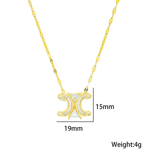 Elegant Minimalist Geometric Double C Arch Necklace Set with Titanium Steel Pendant and Rhinestone Inlay for Women