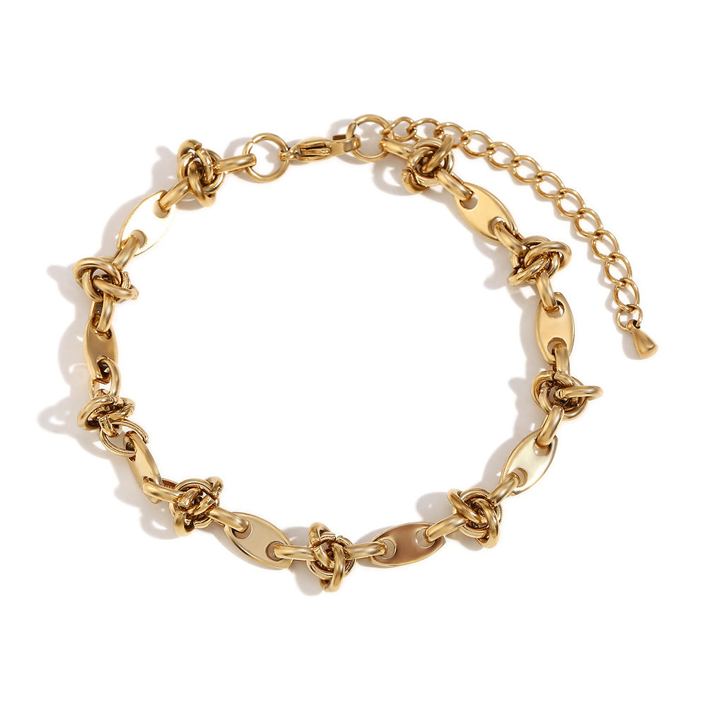 Minimalist Geometric Stainless Steel Plated 14K Gold Coffee Bean Knotted Handmade Anklet for Women