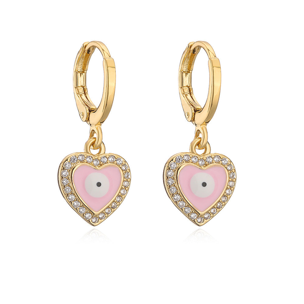 Casual Geometric Eye-Shaped Earrings for Women in Copper with Real Gold Plating and Zircon Inlay Enamel Finish