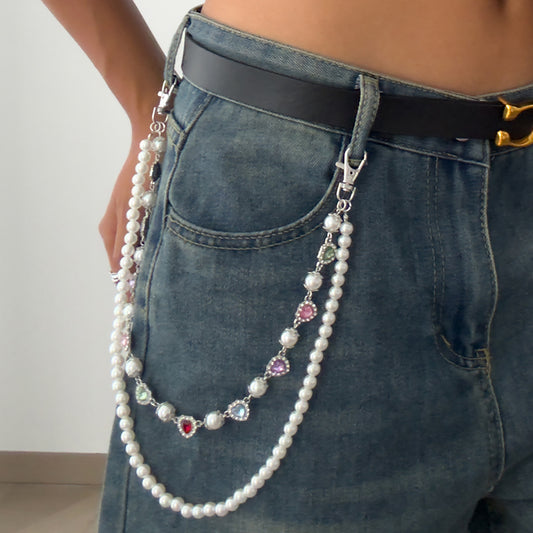 Hip Hop Style Heart-Shaped Tassel Waist Chain with Cross Pendant and Pearl Accents for Women