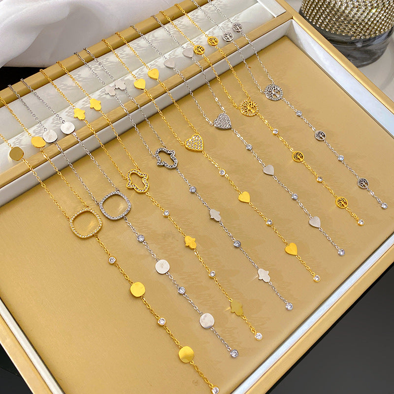 Geometric Rhinestone Inlaid Gold Plated Titanium Steel Necklace for Unisex