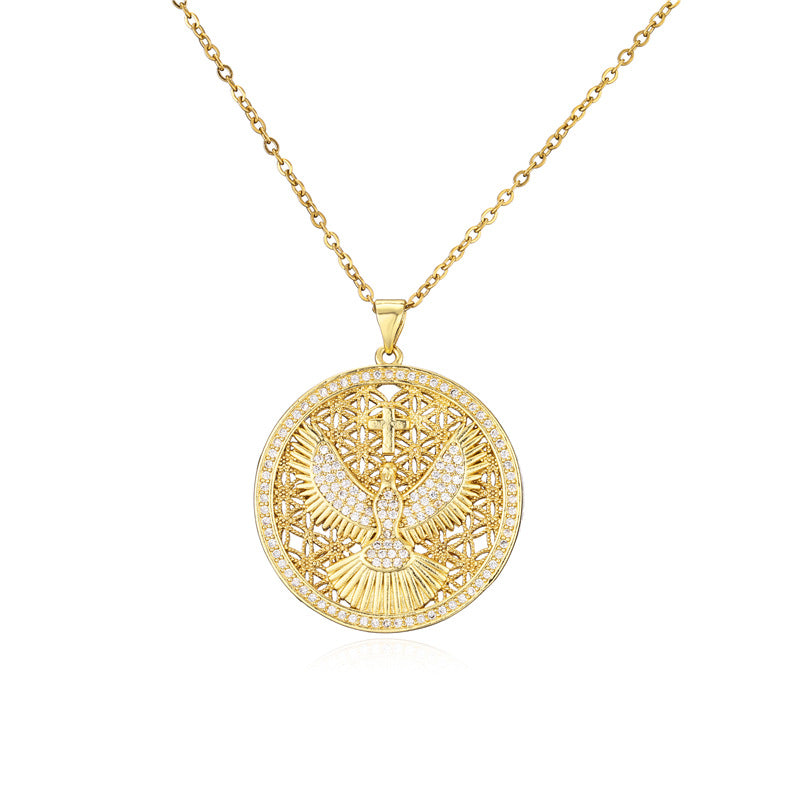 Punk Round Eagle Micro-inlay Brass Pendant Necklace with Box Chain
