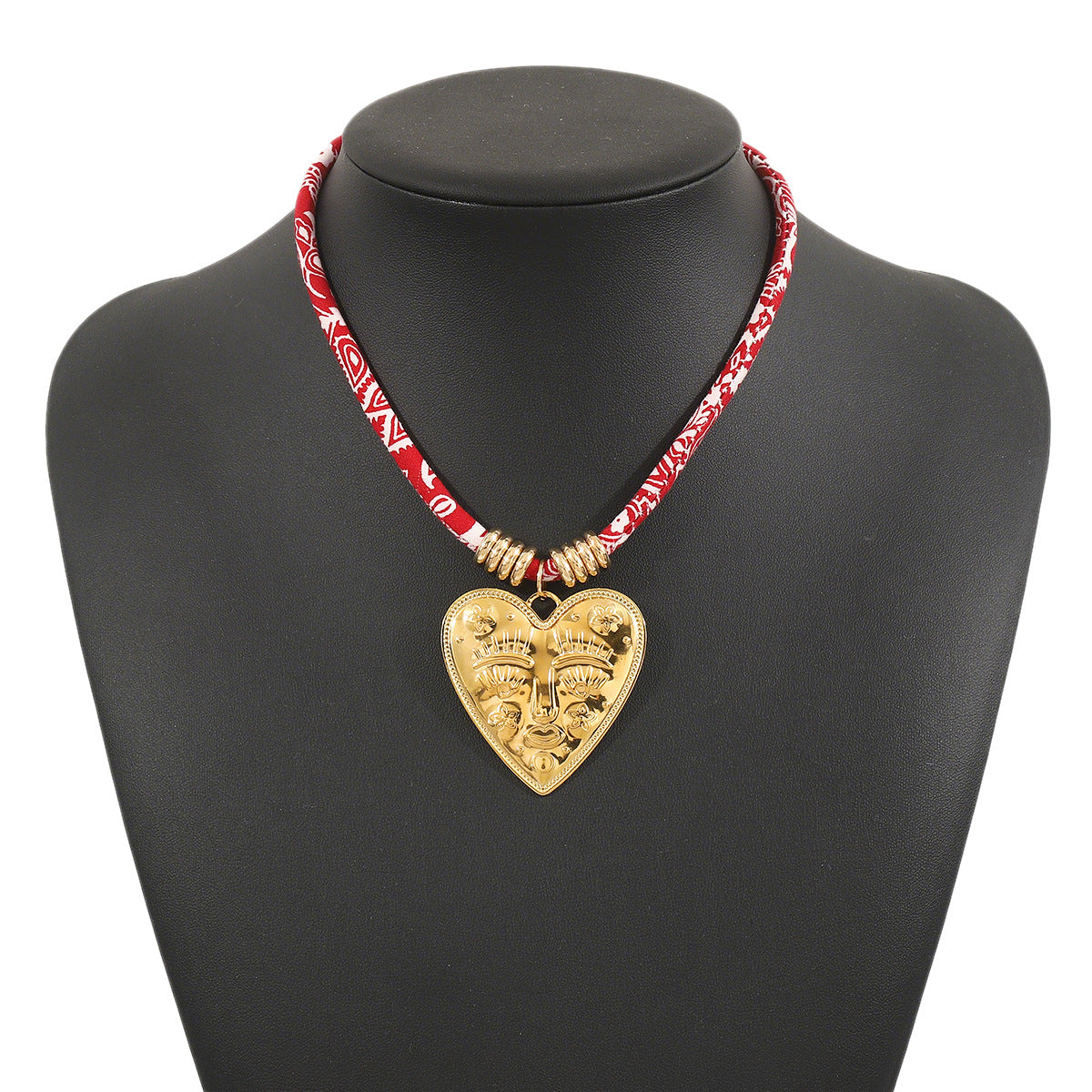 Collana con Ciondolo a Cuore, Luna e Volto di Sole Esagerati da Donna in Acciaio Inossidabile con Placcatura in Oro 14K su Cordino di Cotone
