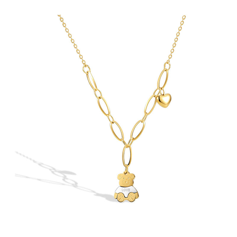 Cute Bear Pendant Necklace in Titanium Steel with Plated Finish for Women, O-Chain Minimalist Geometric Locket Necklace, Sweet and Fresh Style Everyday Jewelry