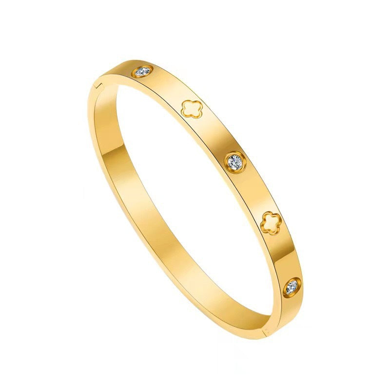 Minimalist Four-Leaf Clover Titanium Steel Bracelet with Rhinestone Accents and Electroplated Finish for Women