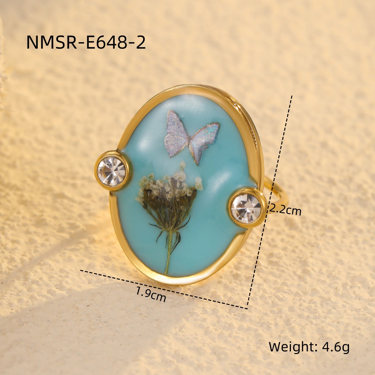 Elegante anillo de acero inoxidable con forma de corazón, lazo de resina y detalles de flores prensadas, incrustaciones de pedrería, acabado chapado para mujer