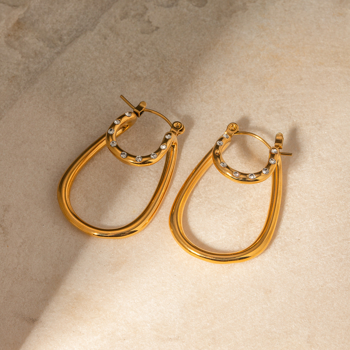 Luxury Ins Style 18K Gold Plated Stainless Steel White Rhinestone Double Layer Curved Geometric Earrings for Women
