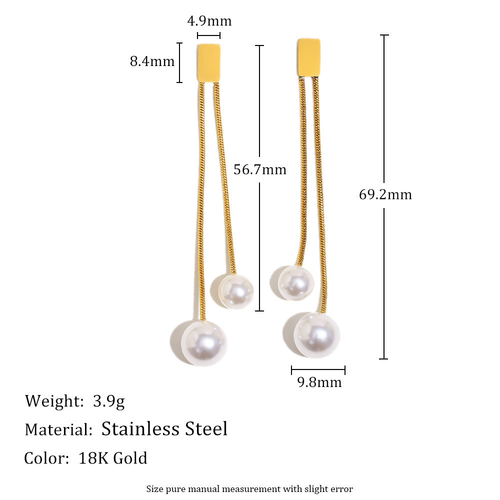 Geometric Vintage-Style Stainless Steel Earrings with 18K Gold Plating and Pearl-Like Dangle for Women