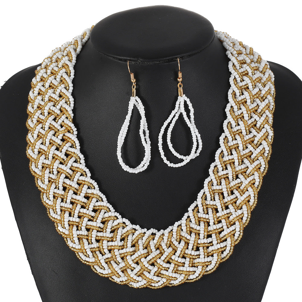Bohemian Style Braided Rope Resin Necklace Set with Mesh Pattern and Hand-Strung Beads for Women