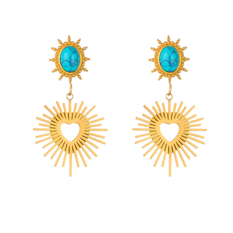Orecchini vintage a forma di sole e cuore geometrici irregolari color turchese in acciaio al titanio con finitura galvanica