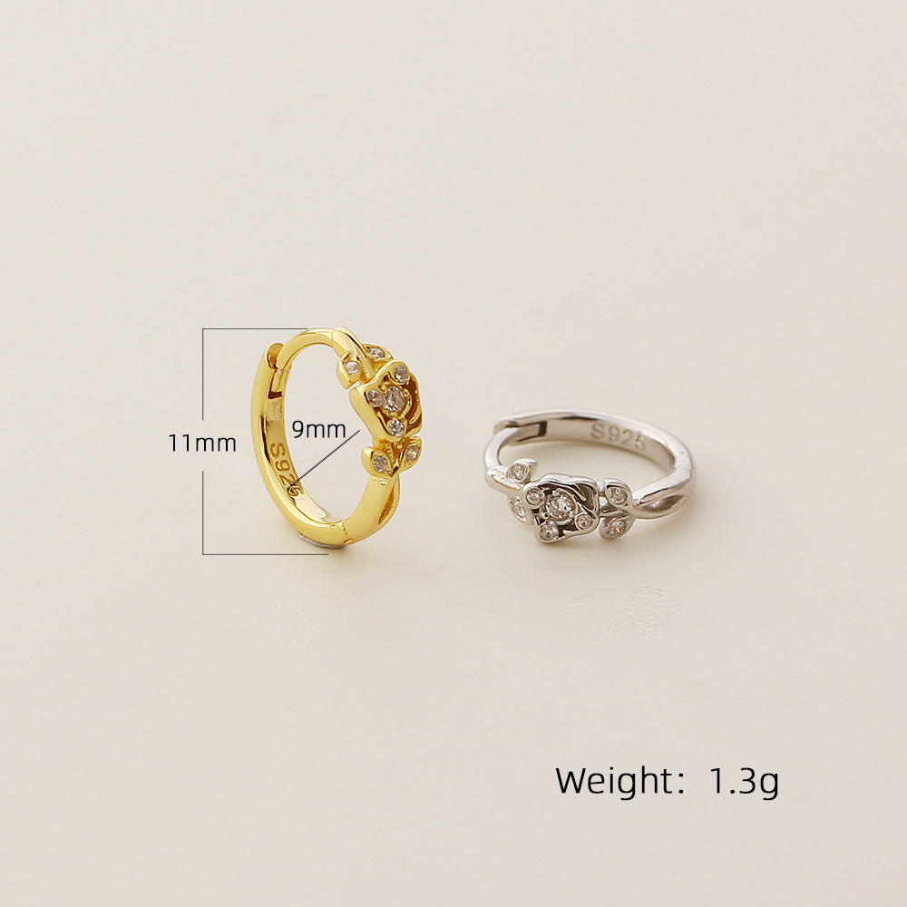 Pendientes Retro Florales con Forma de Rosa de Plata de Ley S925 con Incrustaciones de Diamantes de Imitación para Mujer