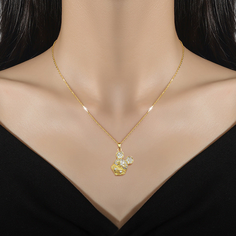 Collana con Pendente a Forma di Topo Geometrico Minimalista in Acciaio al Titanio con Dettagli in Strass per Donna e Uomo