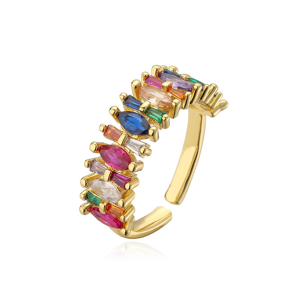 Geometric Open Ring for Women in Copper with 18K Gold Plating and Rainbow Zircon Inlay