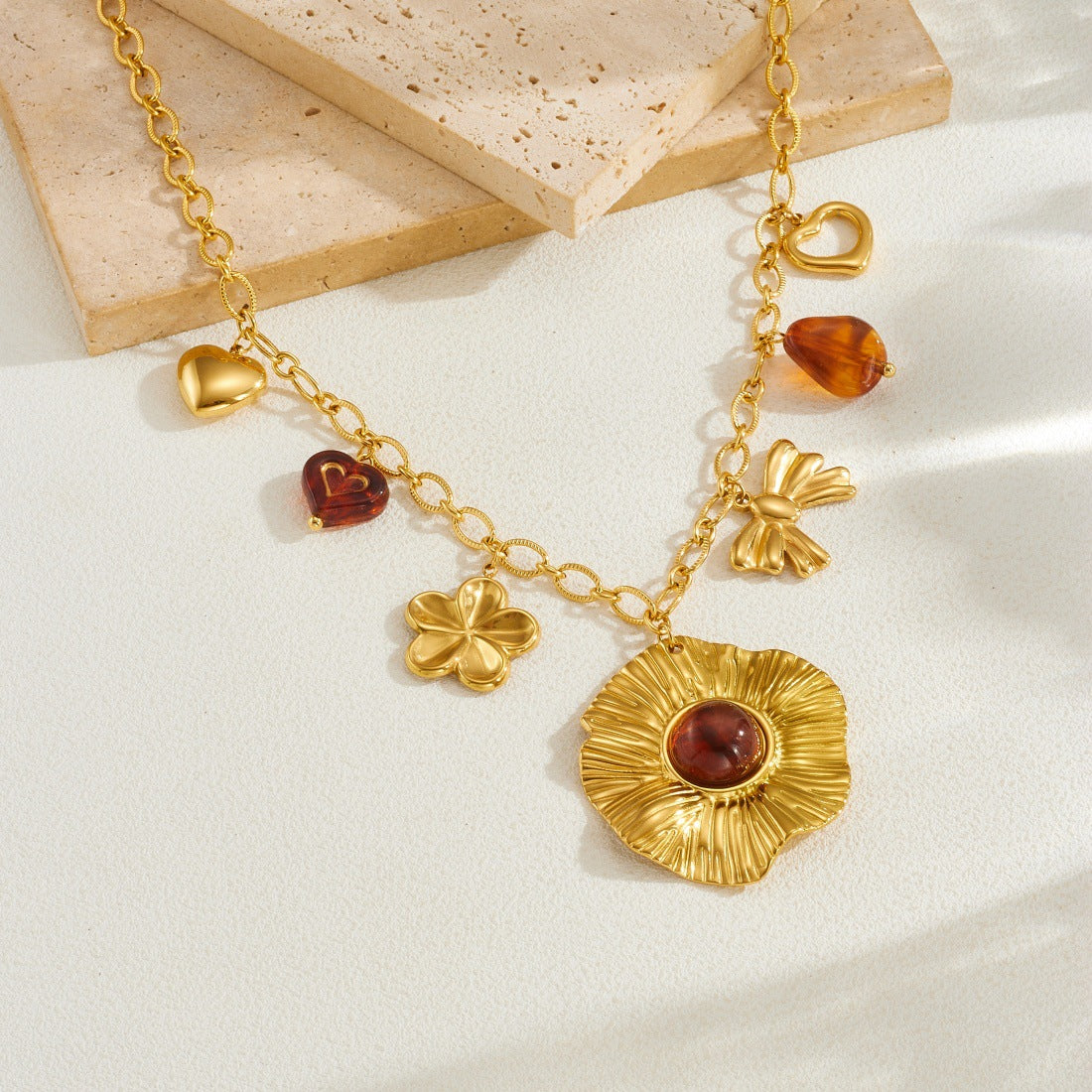 Vintage Gold Plated Floral Bow Heart Stainless Steel and Resin Pendant Necklace for Women