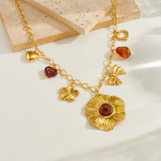 Vintage Gold Plated Floral Bow Heart Stainless Steel and Resin Pendant Necklace for Women