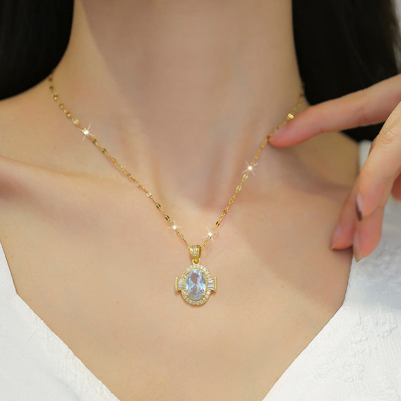 Collana minimalista ovale in zirconia per donna, catena a serpente in acciaio inossidabile con motivo luna