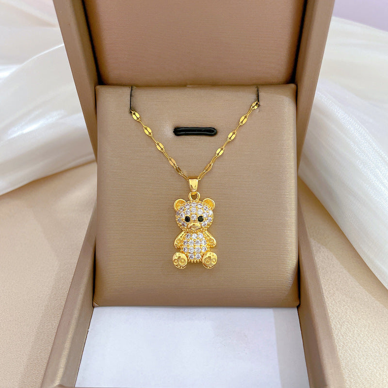 Luxury Sweet Bear Pendant Necklace in Titanium Steel with Rhinestone Inlay for Unisex