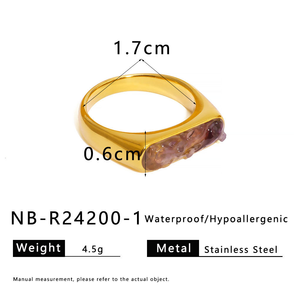 Anello Minimalista in Acciaio al Titanio con Intarsio in Pietra Naturale, Design a U e Geometrico, Finitura Galvanizzata per Uomo e Donna