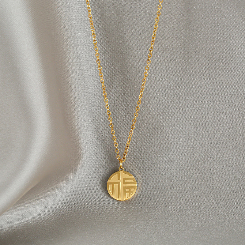 Vintage Chinese Character Style Titanium Steel Pendant Necklace with Plated Finish for Women