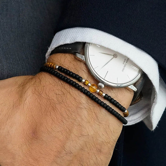 Minimalist Business Round Agate and Brass Beaded Bracelet for Men and Women