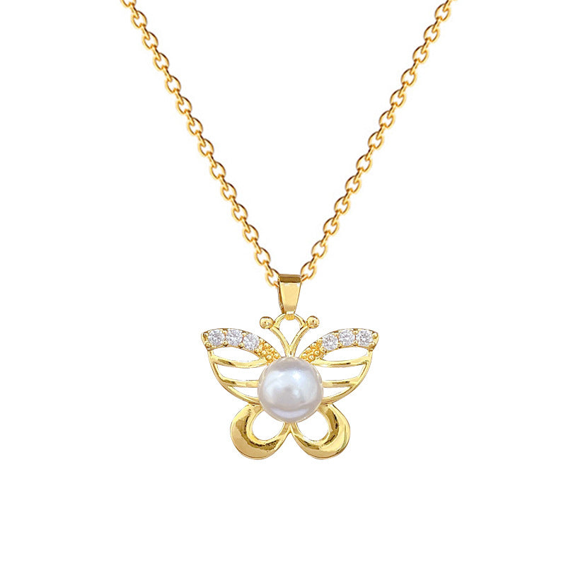 Sweet Elegant Hollow Butterfly Pearl Rhinestone Necklace Titanium Steel Cable Chain for Women